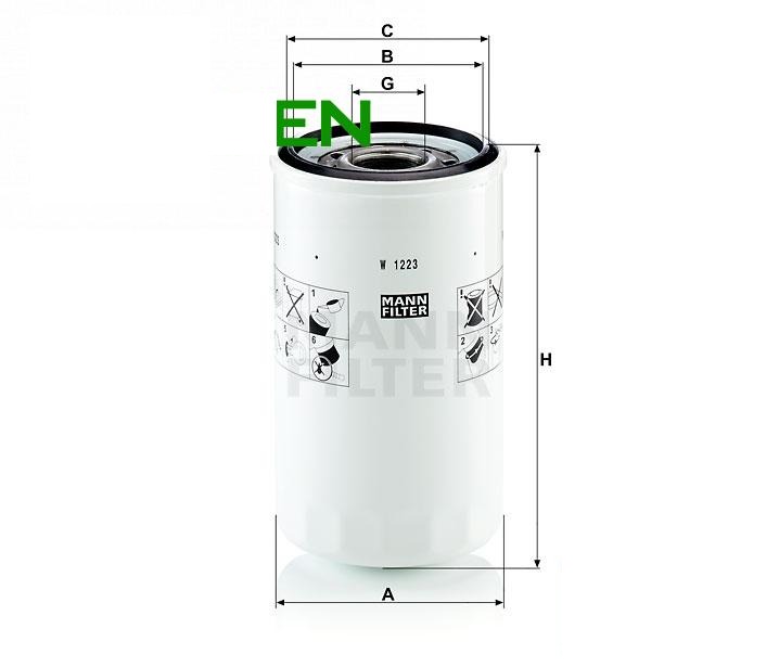 filtr oleju W1223 (581/18096, 02/801481, 84206729, 87327673, AT308576, 72130527, 76616021, P550596, 51441635) (MANN-FILTER, Niemcy)