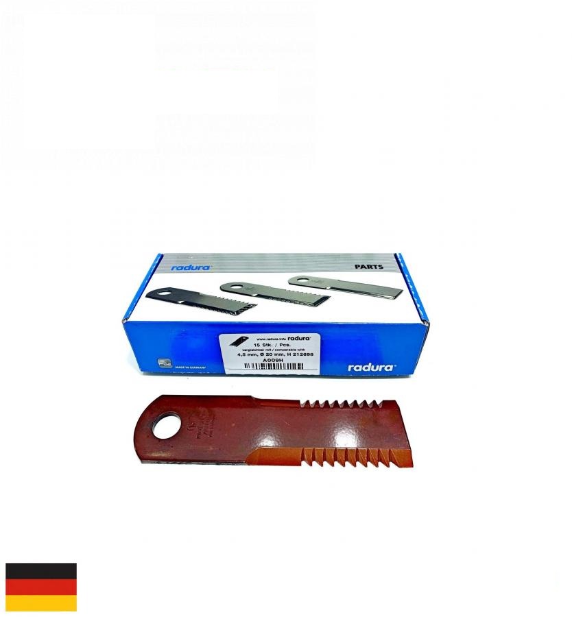 nóż prosty, dwustronny, ząbkowany 187x50x4.65 mm, średnica 19.4 mm A009H (AH205909, AH208469, AH213459, AH213457, H212699, H212700, HXE92550, HXE92551, H212698, H218169) (Schumacher, Niemcy)